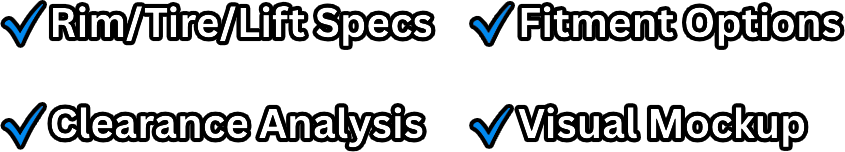 Rim/Tire/Lift Specs | Fitment Options | Clearance Analysis | Visual Mockup